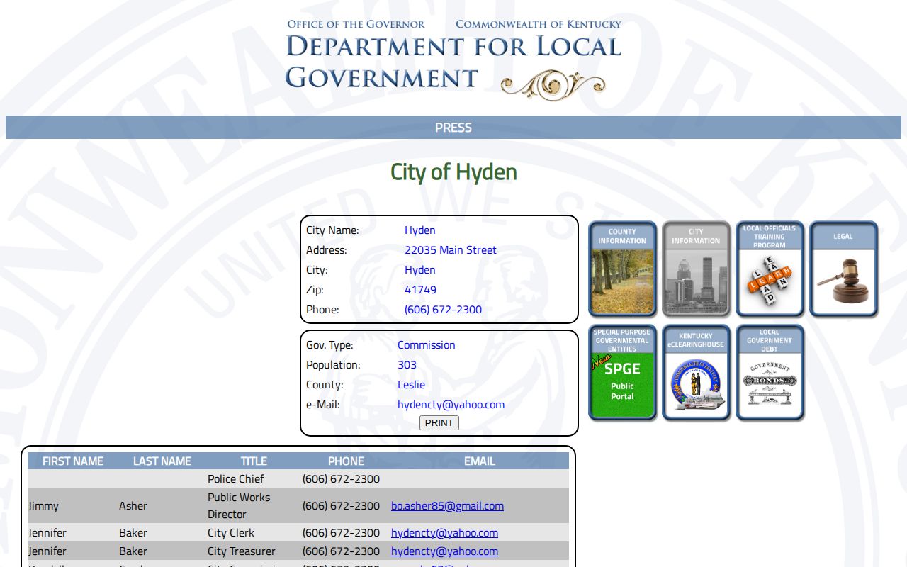 Hyden police-chief office and population record for Leslie County arrest requests
