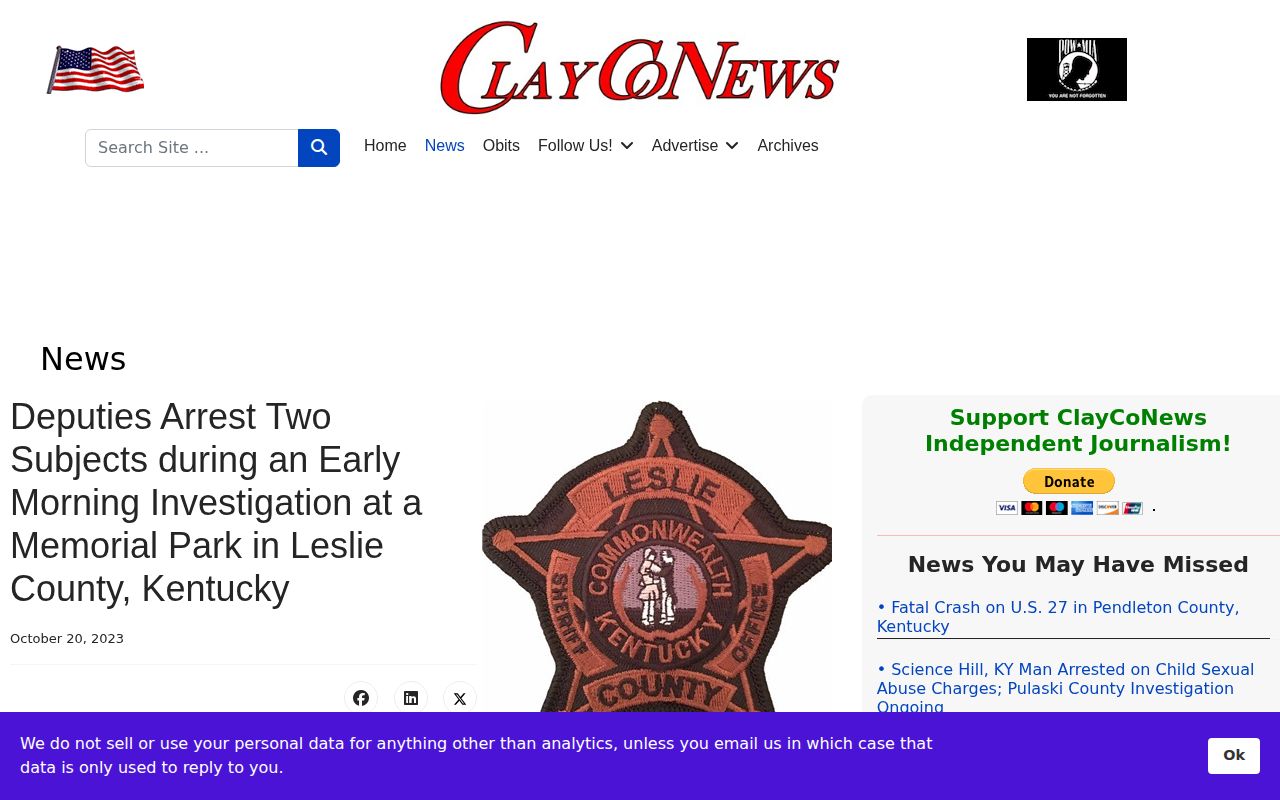 Leslie County arrest news story sourced to sheriff and detention-center records